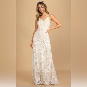 Lulu's Flynn Lace Maxi Dress Cream V-Neck Mermaid Bridal Prom Women's Size M